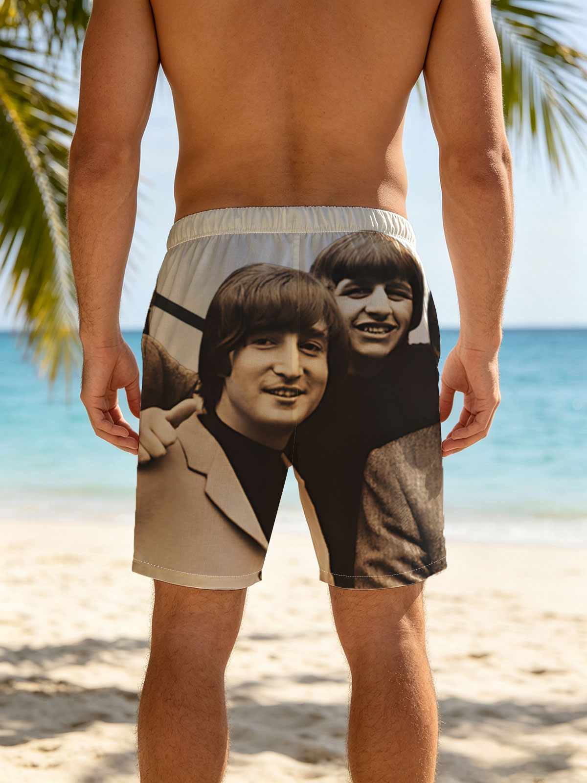 The Beatles: John, Paul, George, and Ringo in a classic pose -  Beach shorts