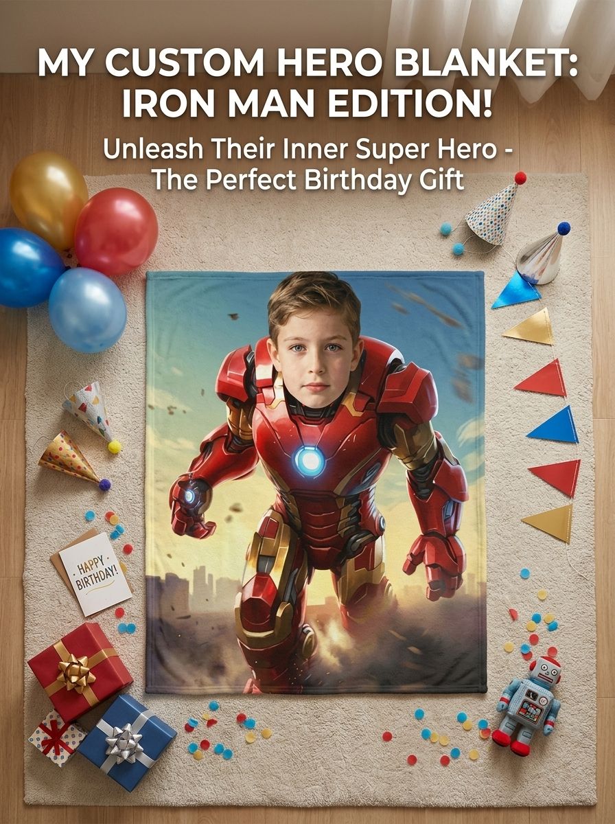 Custom Photo Superhero Flannel Fleece Blanket Personalized Face Throw for Kids Couch Bed