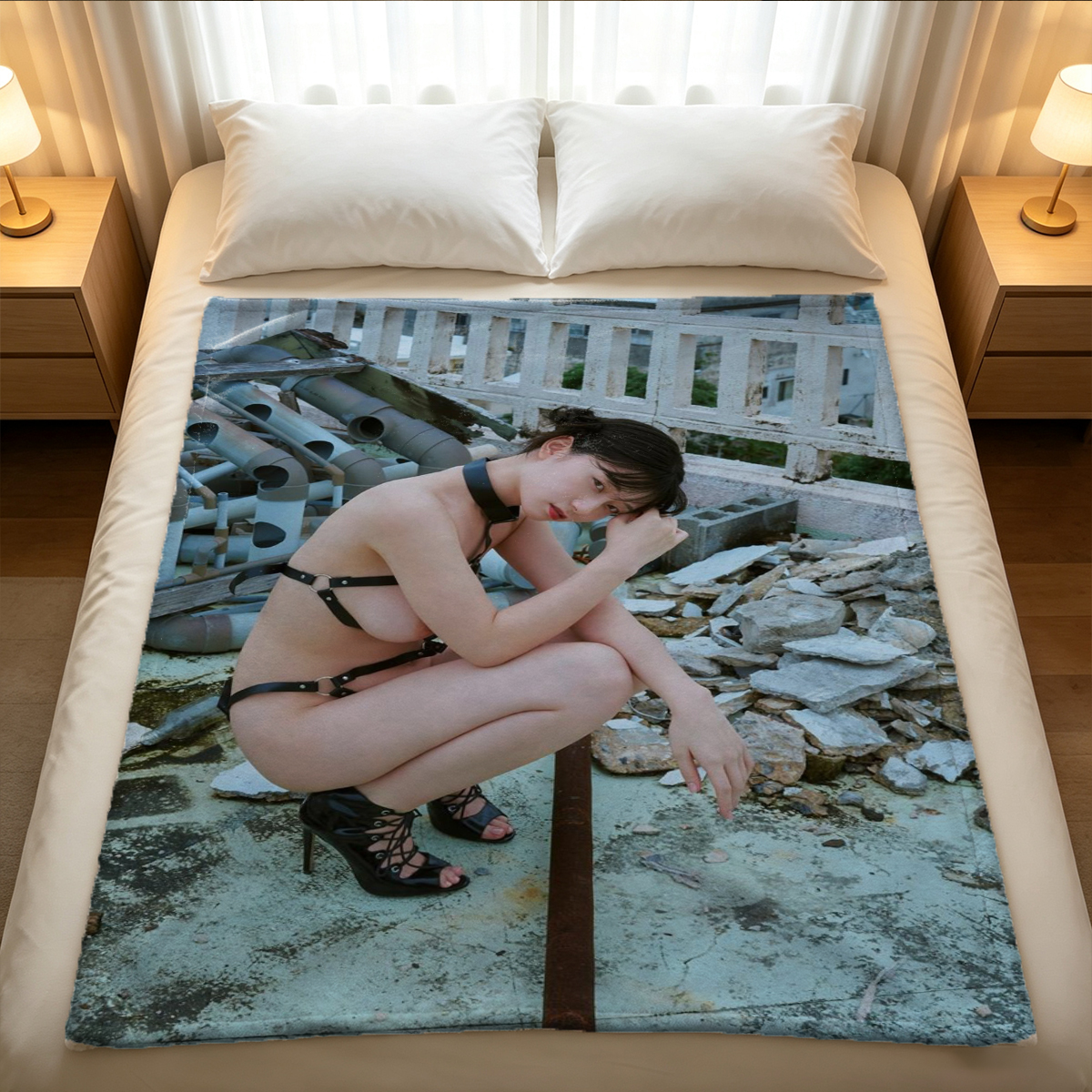 Nude Japanese AV Idol with Big Breasts Posing Seductively - Blanket