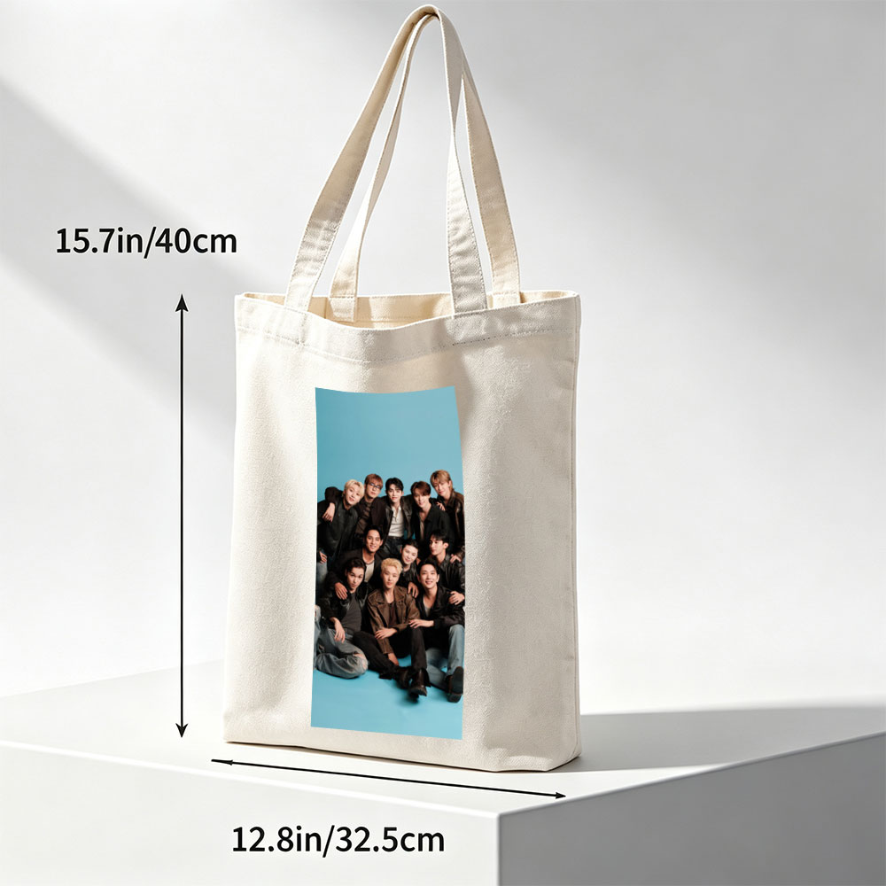SEVENTEEN Group Photo on Blue Background with Members in Leather Jackets and Casual Outfits - Canvas tote bags