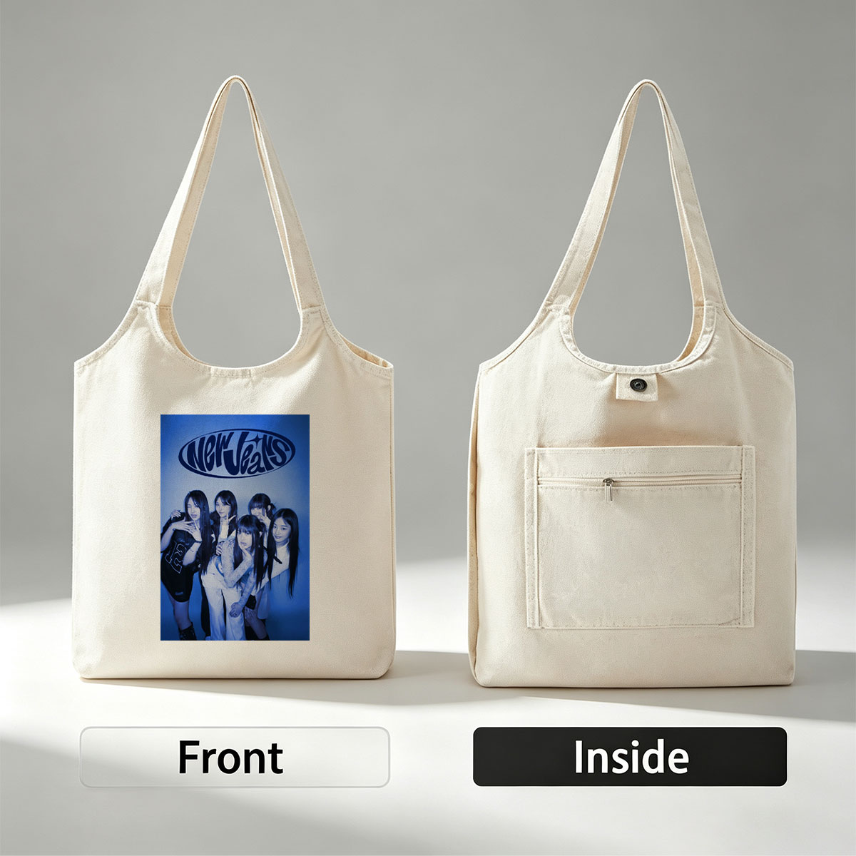 NewJeans Group Pose in Blue-Toned Studio Photo with Stylish Outfits and Confident Expressions - Canvas shoulder bags/