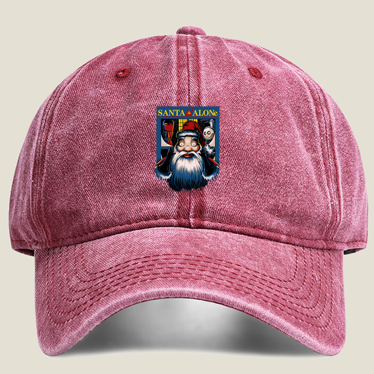 Santa Alone: Santa Claus, Jack Skellington, and Red Mask - Washed Denim - Baseball Cap