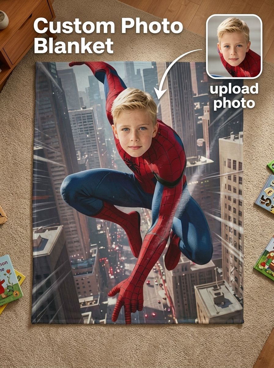 Custom Face Superhero Flannel Blanket Personalized Photo Soft Plush Throw for Kids Bed Couch Cozy Birthday Gift