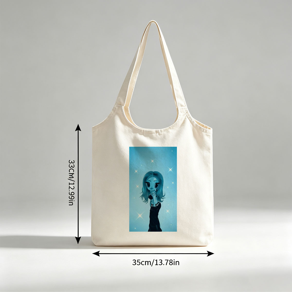 Aqua Blue Anime Girl in Black Dress with Heart Tattoo on Starry Background - Canvas shoulder bags/