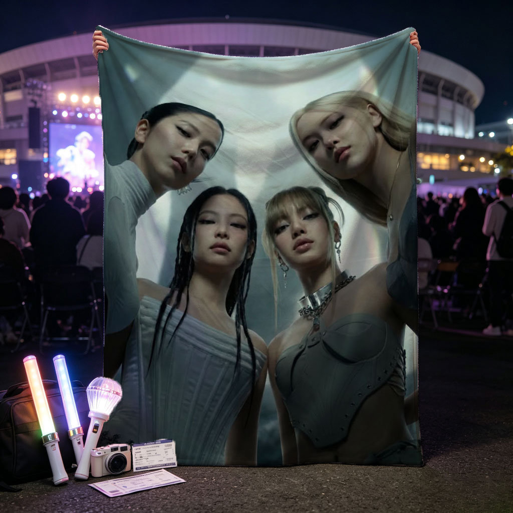 BLACKPINK in Futuristic Fashion Scene - Four Members Pose in Sleek, High-Tech Outfits Against a Dramatic, Otherworldly Background - Blankets