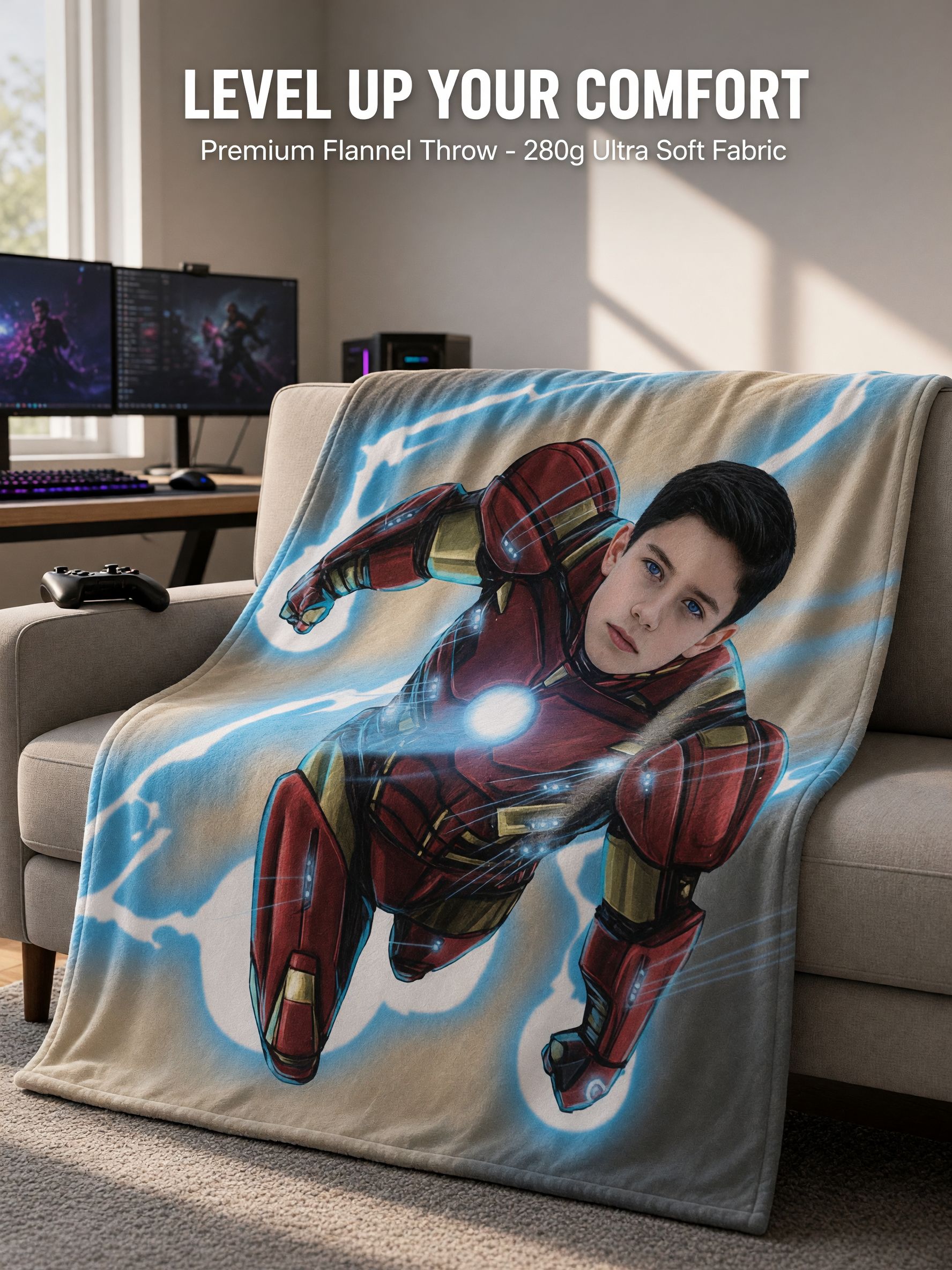 Custom Face Flannel Blanket Personalized Red Superhero Armor Throw Soft Cozy Photo Blanket Ideal Birthday Gift for Kids