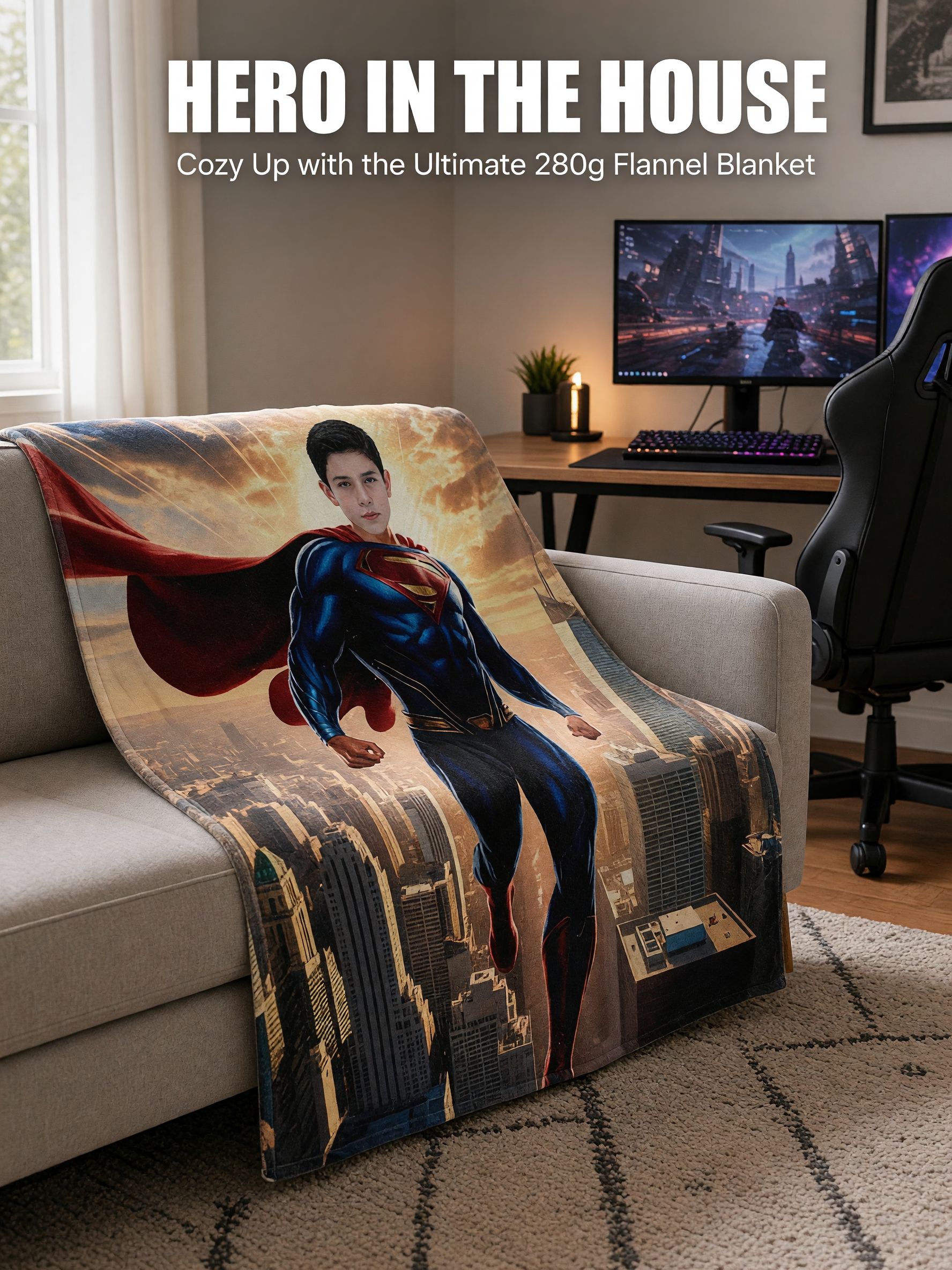 Custom Face Superhero Flannel Blanket, Personalized Photo Throw for Kids and Adults, Cozy Bed and Sofa Fleece Gift