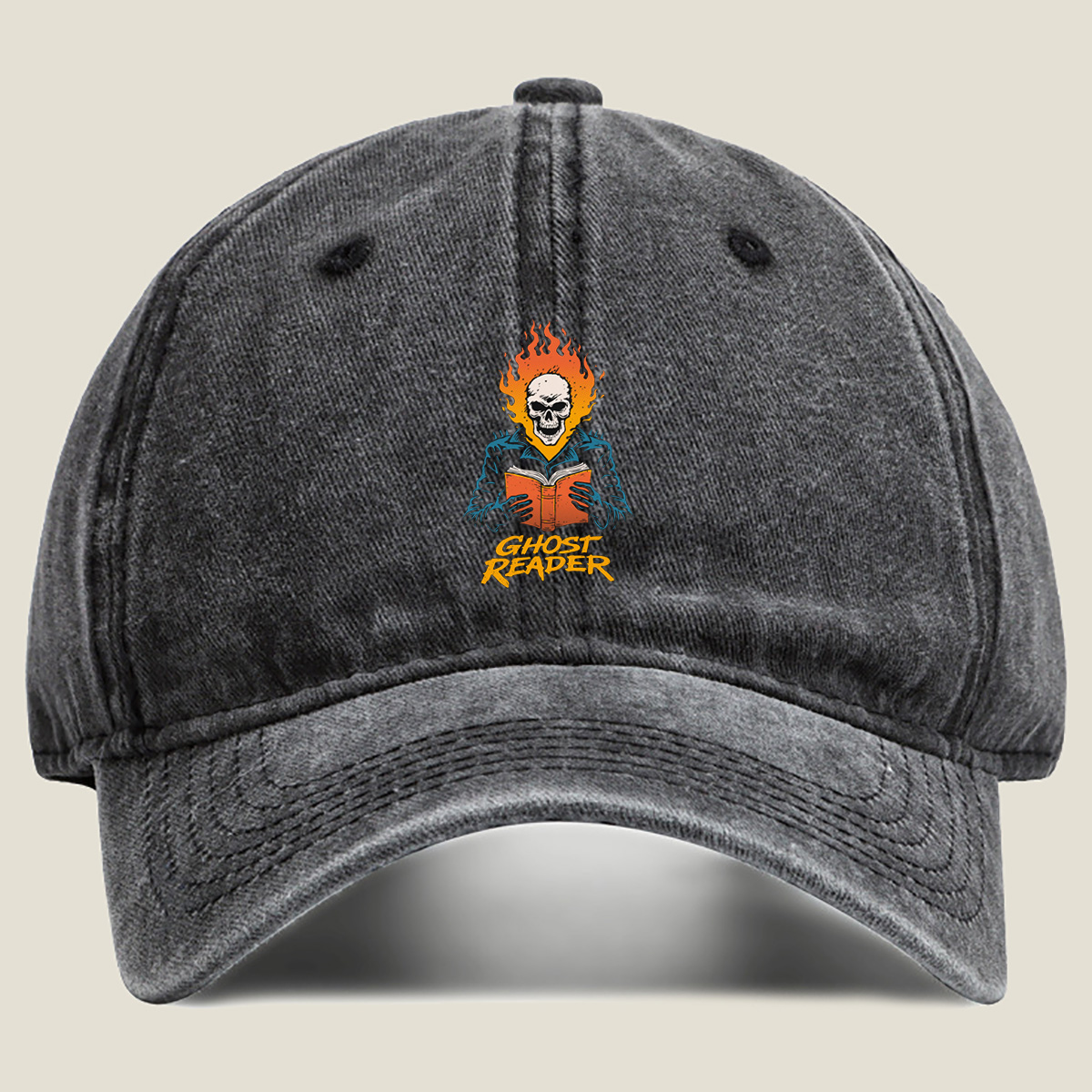 Ghost Reader: Skull with Flames Reading a Book - Washed Denim - Baseball Cap