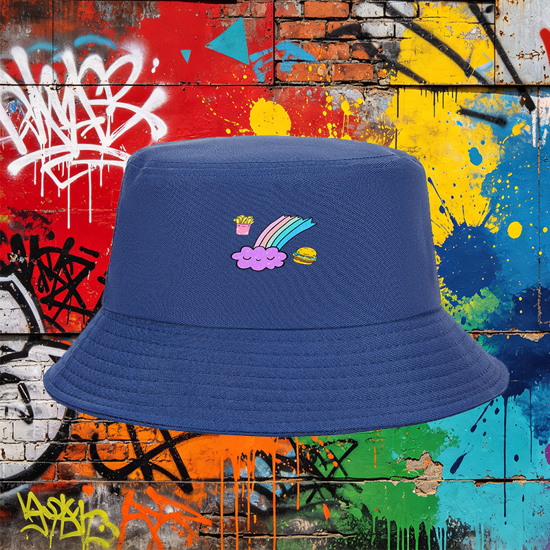 Unisex Classic Bucket Hat with Cute Rainbow Cloud, Fries, and Burger Print - Perfect for Casual Outings, Travel, and Daily Wear - Ideal for Teens and Young Adults Seeking Fun and Fashionable Accessories