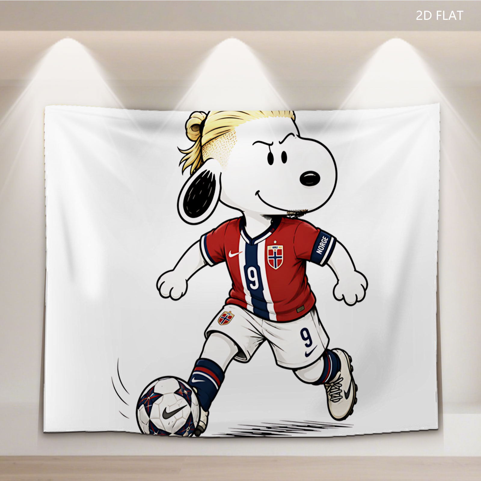 Snoopy as Norway Soccer Player, Wearing #9 Jersey, Kicking Ball - Tapestry