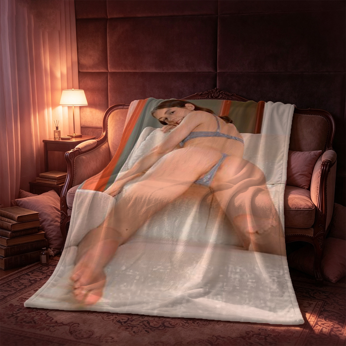 Blonde woman in beige lingerie smiling on kitchen chair. - Blanket