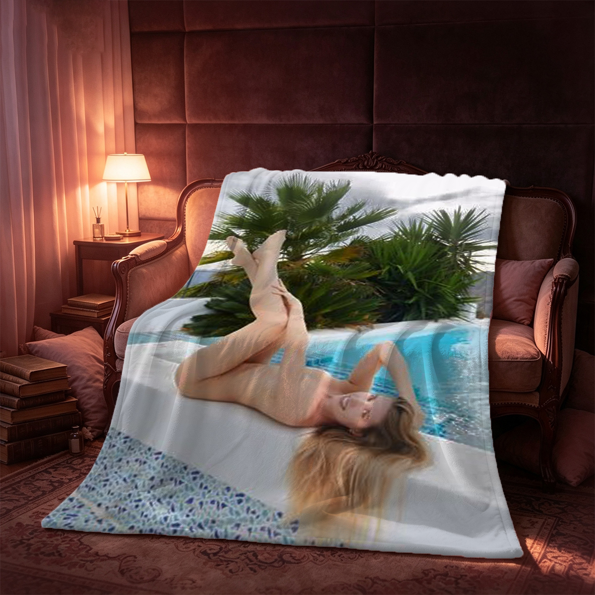 Nude Japanese girl lying on leather couch by window - Blanket