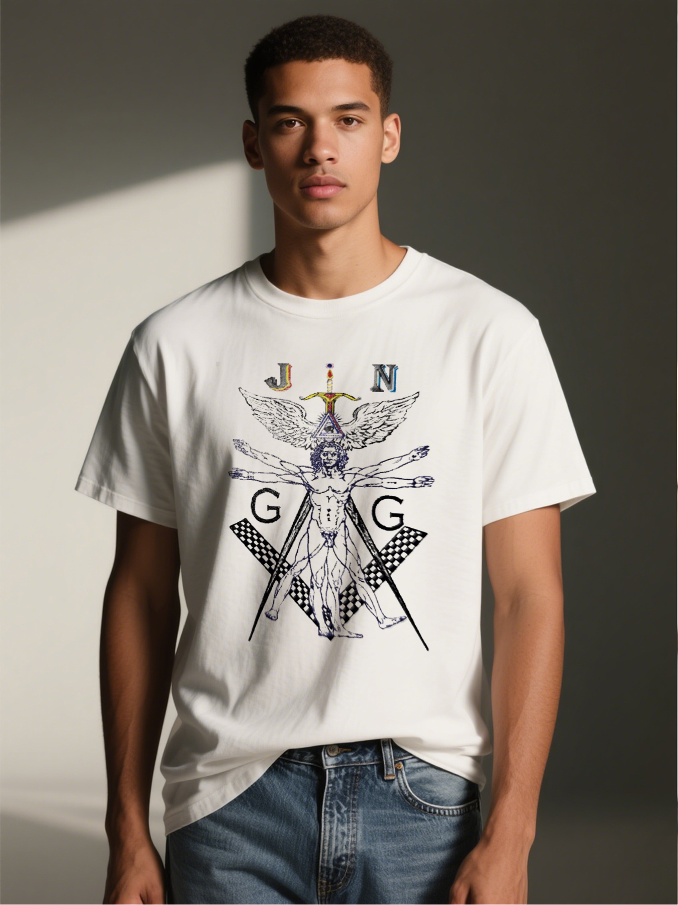 Men's Printed T-Shirt with Vitruvian Man Wings Sword Symbol Graphic Design Casual Round Neck Lightweight Breathable Summer Short Sleeve T-Shirt for Fashion-forward Adults and Art Enthusiasts