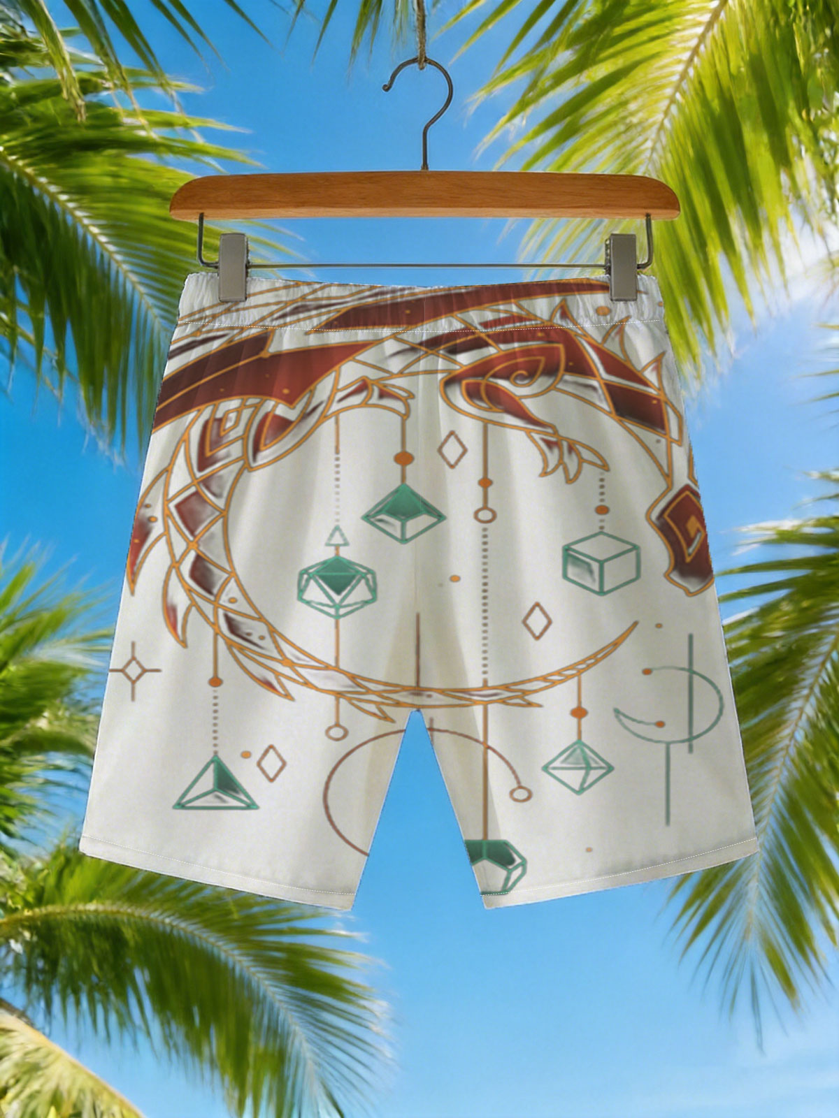 Dragon and Geometric Orbs: Mystical Design -  Beach shorts