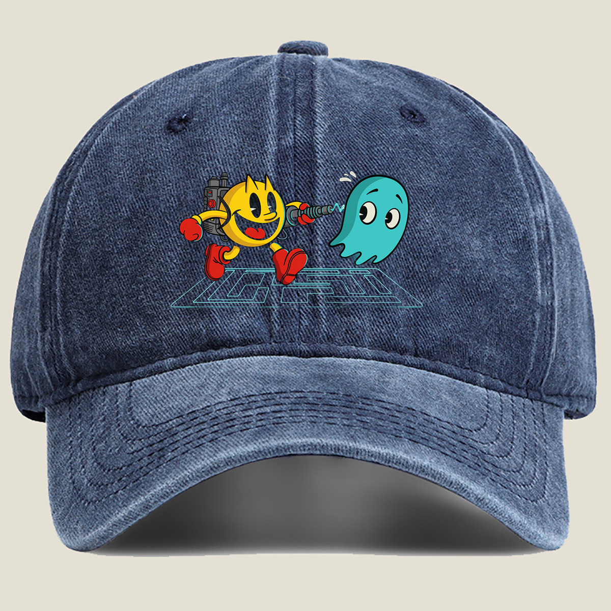Pac-Man and Ghost in Action - Washed Denim - Baseball Cap