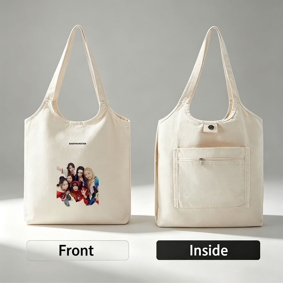 BABYMONSTER Group Photo - Five Members Posing Playfully in Colorful Outfits Against White Background - Canvas shoulder bags/