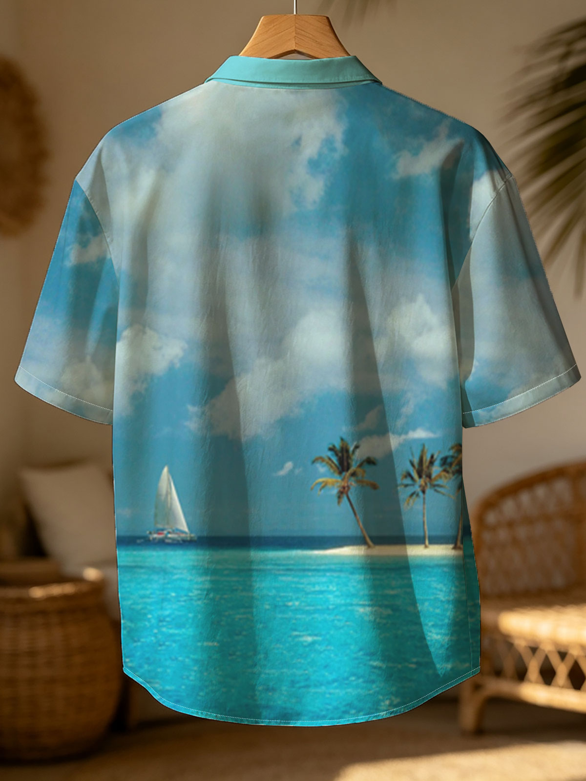 Sailboat near tropical island with palm trees under blue sky -  Shirt