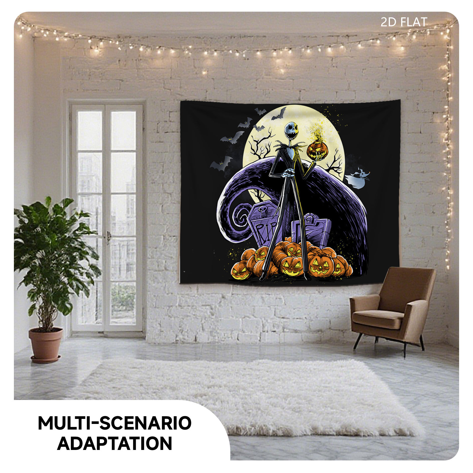 Jack Skellington from The Nightmare Before Christmas stands atop pumpkins with a full moon and bats in the background. - Tapestry