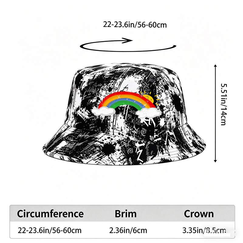Unisex Classic Graffiti Bucket Hat with Rainbow Sun and Cloud Print | Stylish Outdoor Hat for Casual Wear, Beach, Travel, and Daily Use | Perfect for Youth, Students, and Fashion Lovers Seeking Vibrant Accessories
