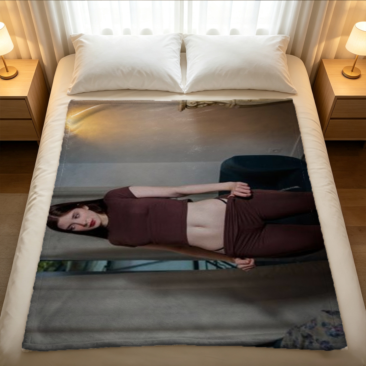 A young Asian woman in black lingerie and sheer pantyhose lying seductively on a bed. - Blanket