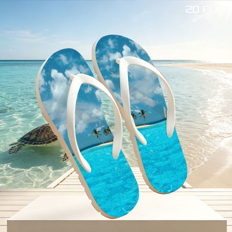 Sailboat near tropical island with palm trees under blue sky -  flip-flops