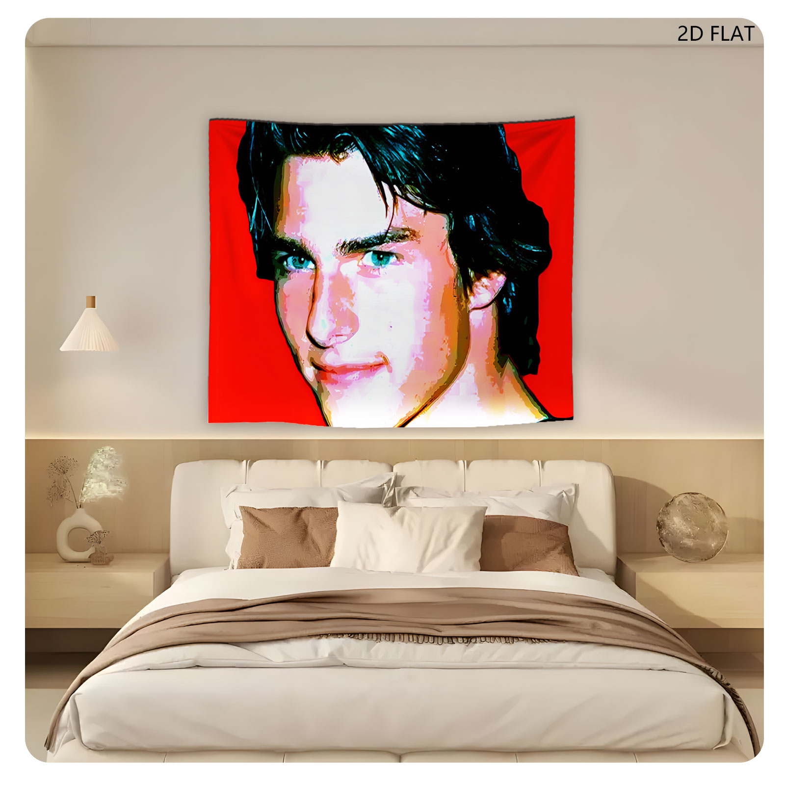 Tom Cruise in a stylized portrait with vibrant red background - Tapestry