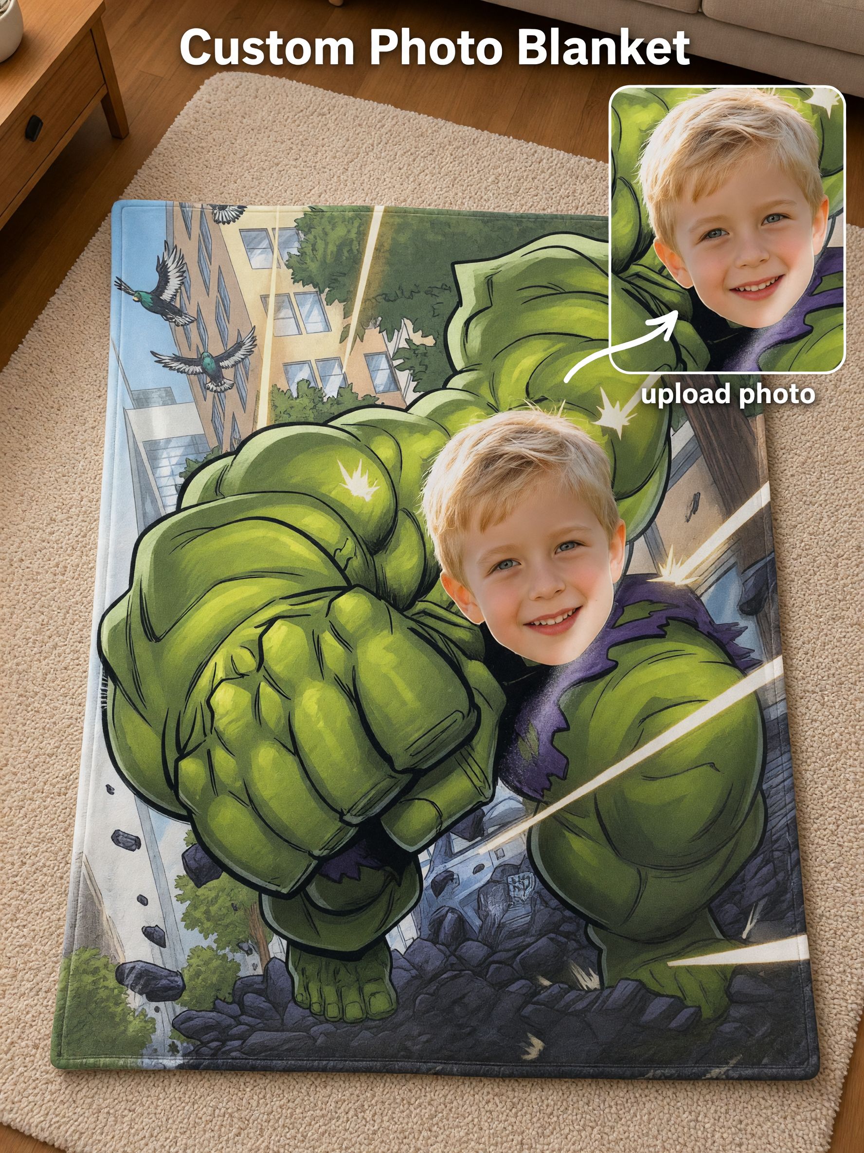 Custom Face Superhero Blanket, Personalized Green Hero Comic Photo Flannel Throw for Kids, Ideal Cozy Gift