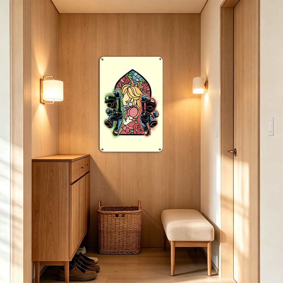 Mario and Luigi Guarding Princess Peach in Stained Glass Style - painting