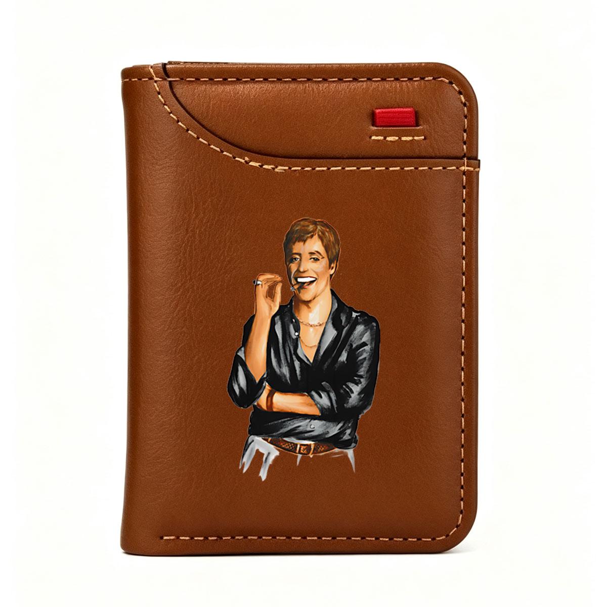 Elton John in a stylish black shirt, smiling with a cigarette in hand - Vertical Style Wallet