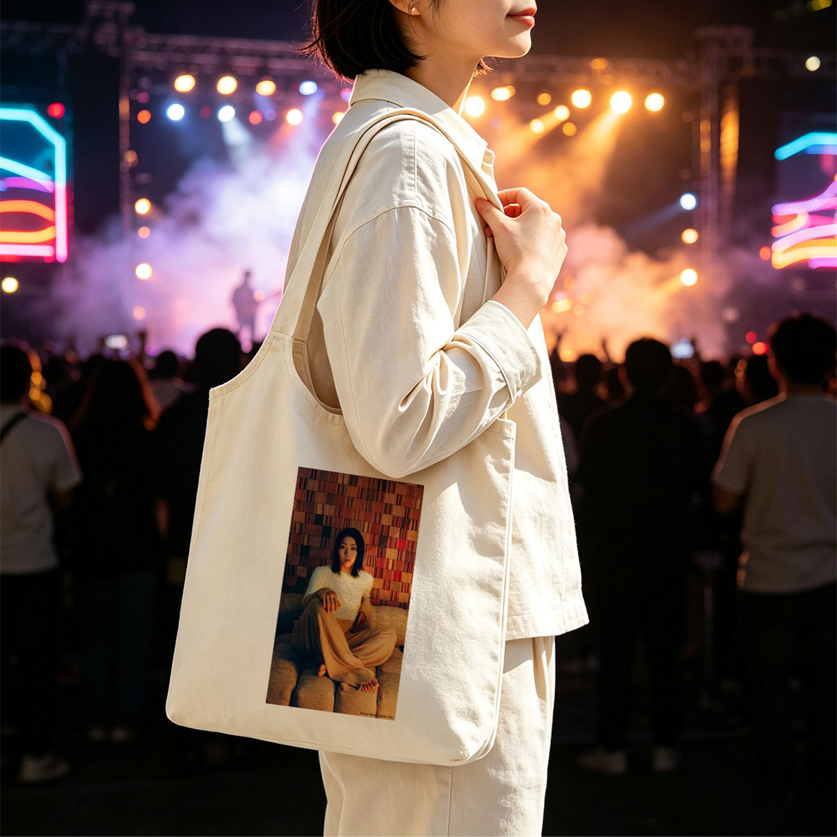 Ayaka Hirahara Sitting on Couch in Cozy Outfit Against Textured Wall Background - Canvas shoulder bags/