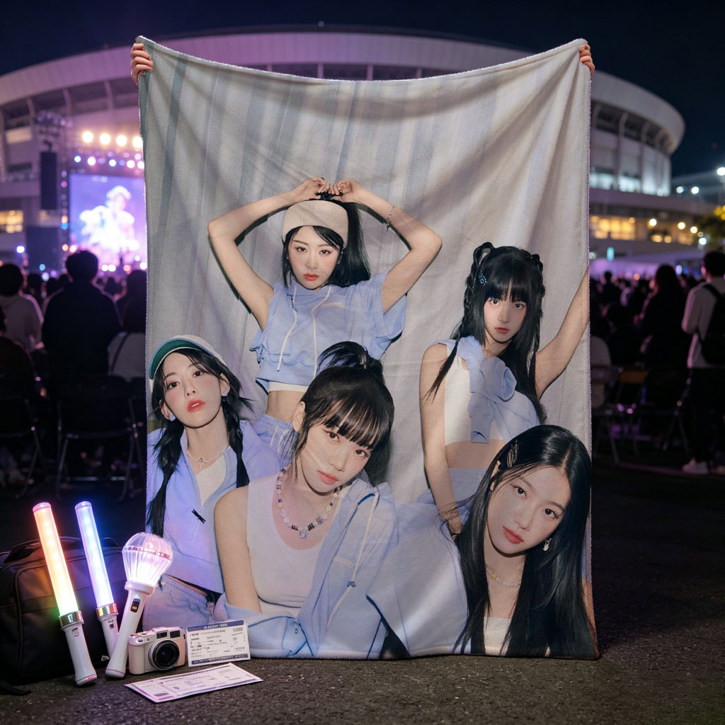NewJeans Group Photo in Coordinated Blue Outfits Posing Together Against Gray Backdrop - Blankets