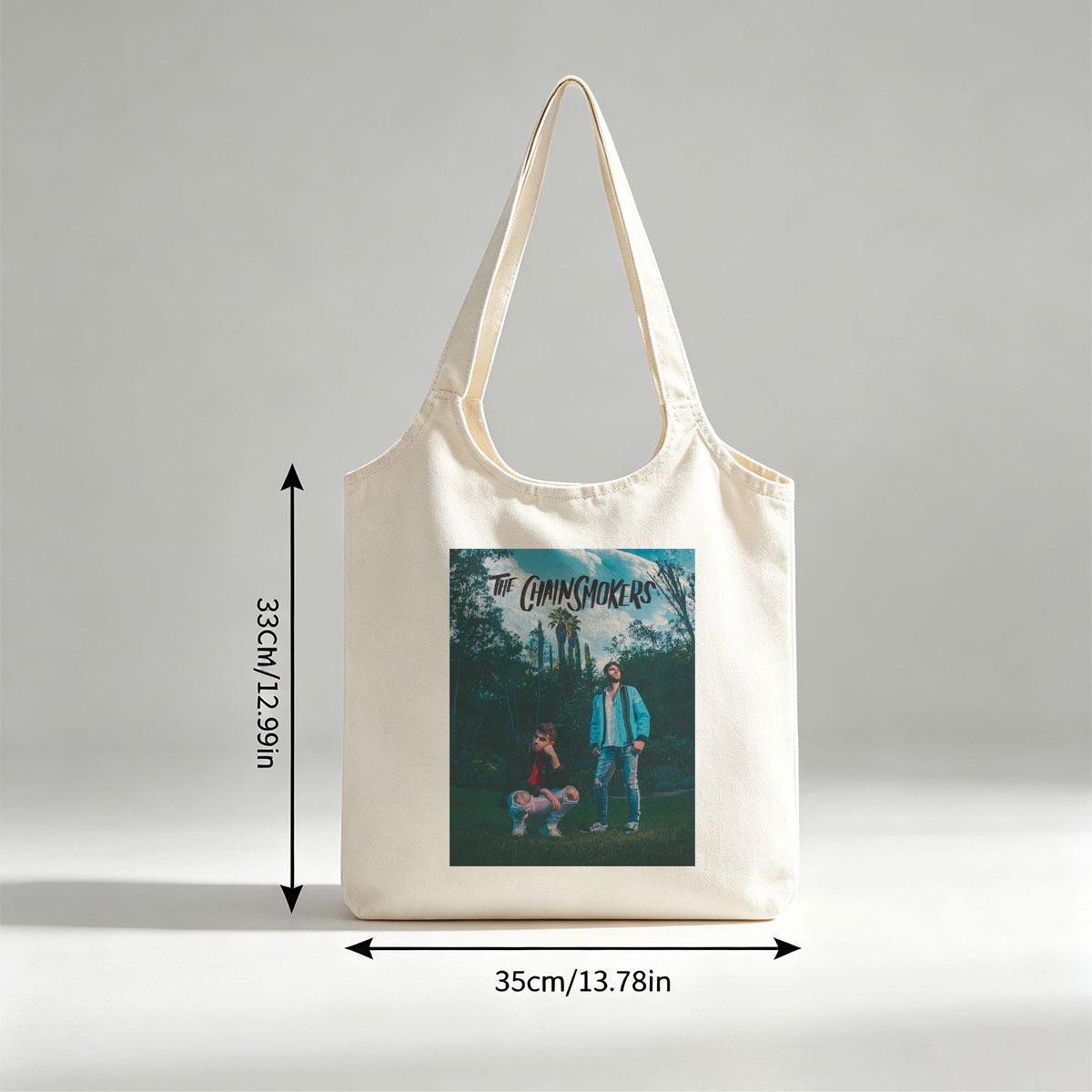 The Chainsmokers in a Lush Garden with Palm Trees and Vibrant Outfits - Canvas shoulder bags/