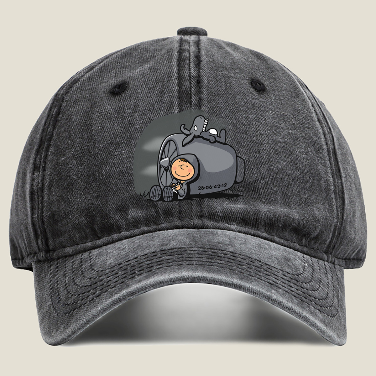 Cute Cartoon Boy with Time Machine and Octopus - Washed Denim - Baseball Cap