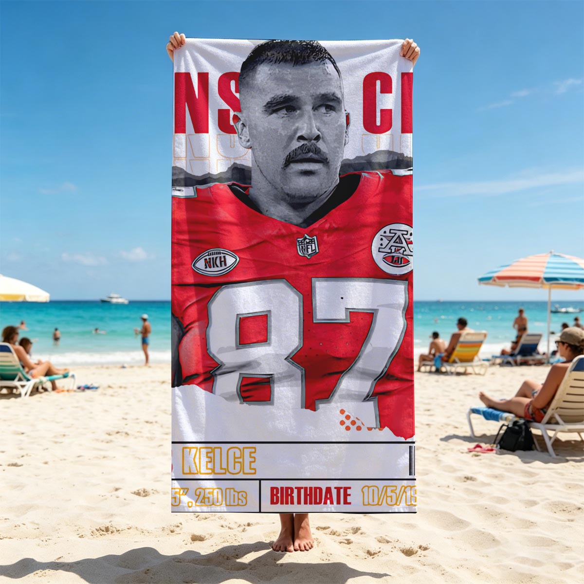 Travis Kelce, Kansas City Chiefs Tight End, #87, NFL Star - Beach towels
