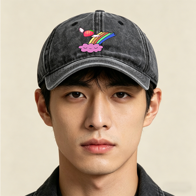 Unisex Classic Washed Cap with Flying Strawberry Rainbow Cloud Print - Perfect for Casual Outings, Travel, and Everyday Wear - Ideal for Teens and Young Adults Seeking Fun, Colorful Streetwear Style