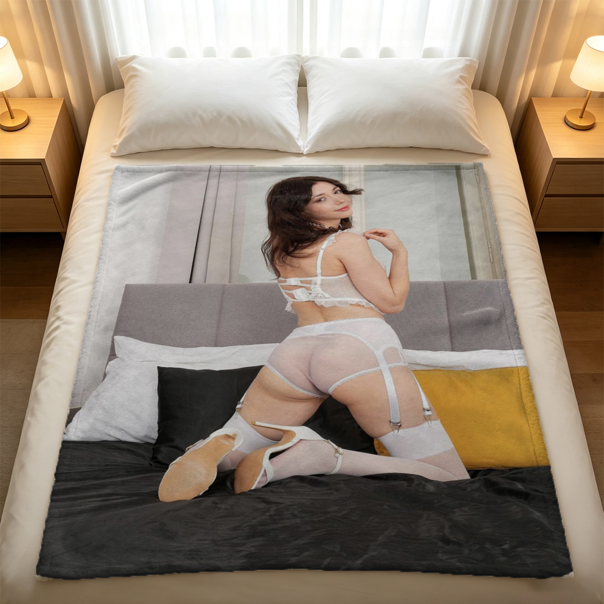 Nude woman in high heels walking on a rocky pier by a sailboat. - Blanket