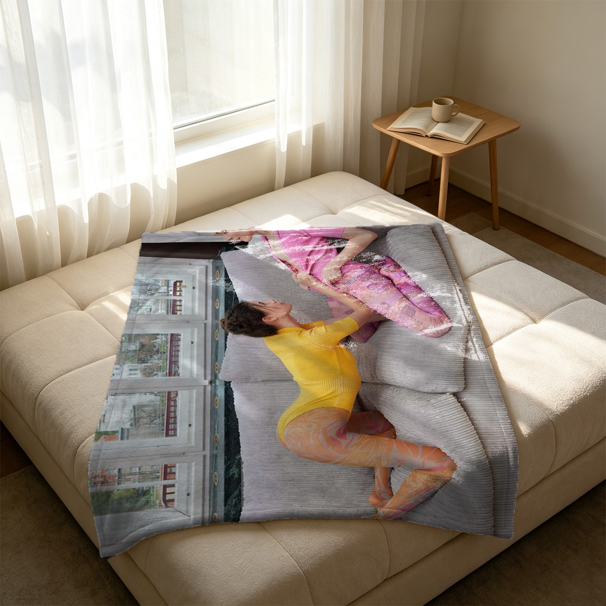 Nude redhead sitting barefoot on marble ledge in elegant room. - Blanket