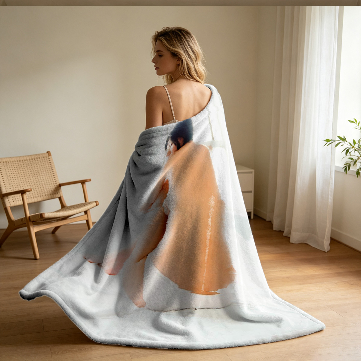 Blonde woman in striped bodysuit posing on wooden table. - Blanket