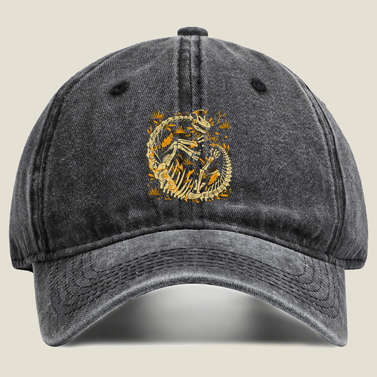 Dinosaur Skeleton Artwork - Washed Denim - Baseball Cap