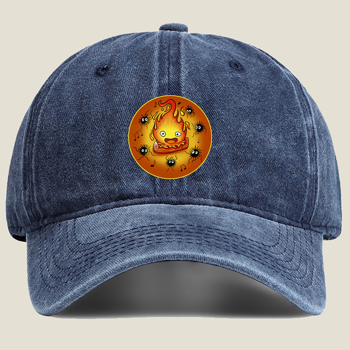 Flame Character with Spiders and Music Notes - Washed Denim - Baseball Cap