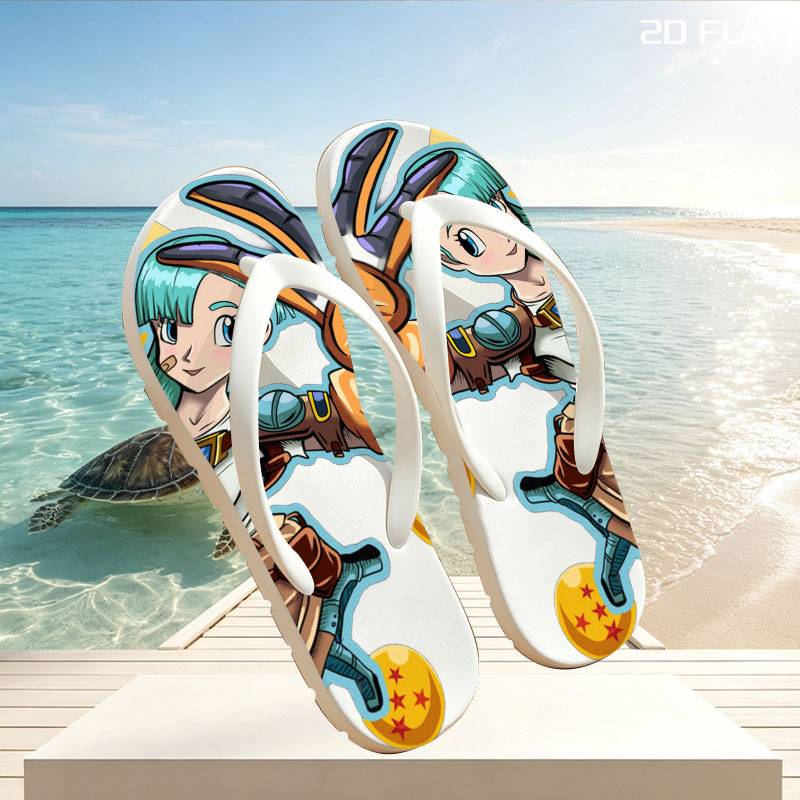 Bulma from Dragon Ball, holding a scouter, surrounded by Dragon Balls -  flip-flops