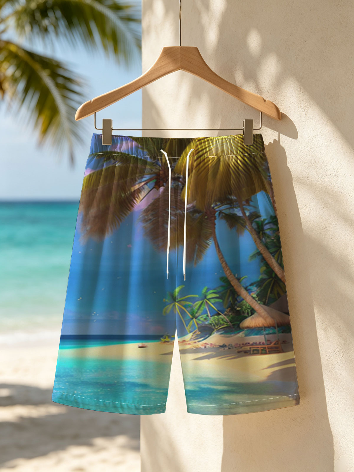 Tropical Beach with Palm Trees and Crystal Clear Water -  Beach shorts