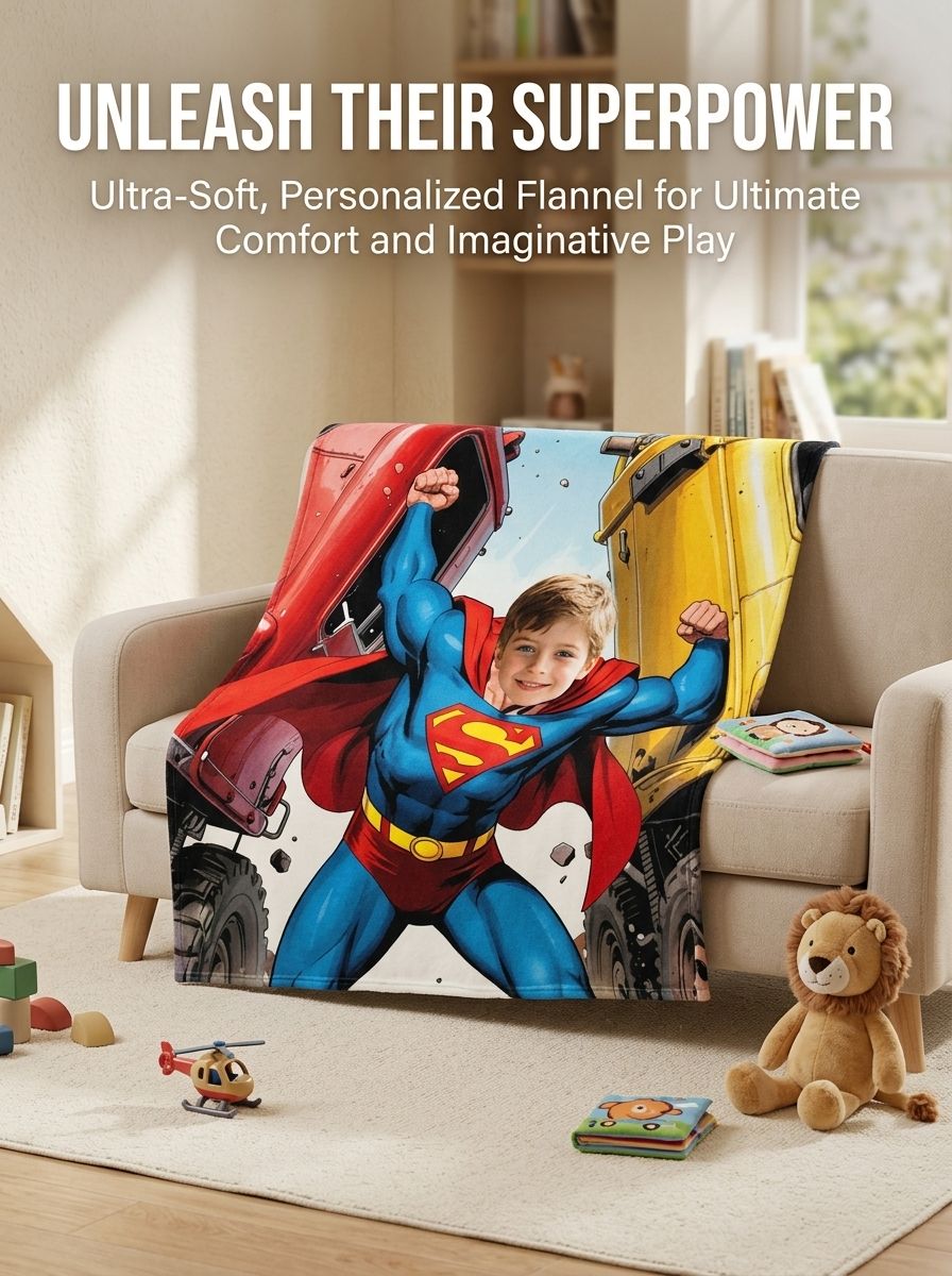 Custom Superhero Face Photo Blanket, Soft Anti-Pilling Flannel Throw for Bed and Couch, Personalized Cozy Keepsake Gift