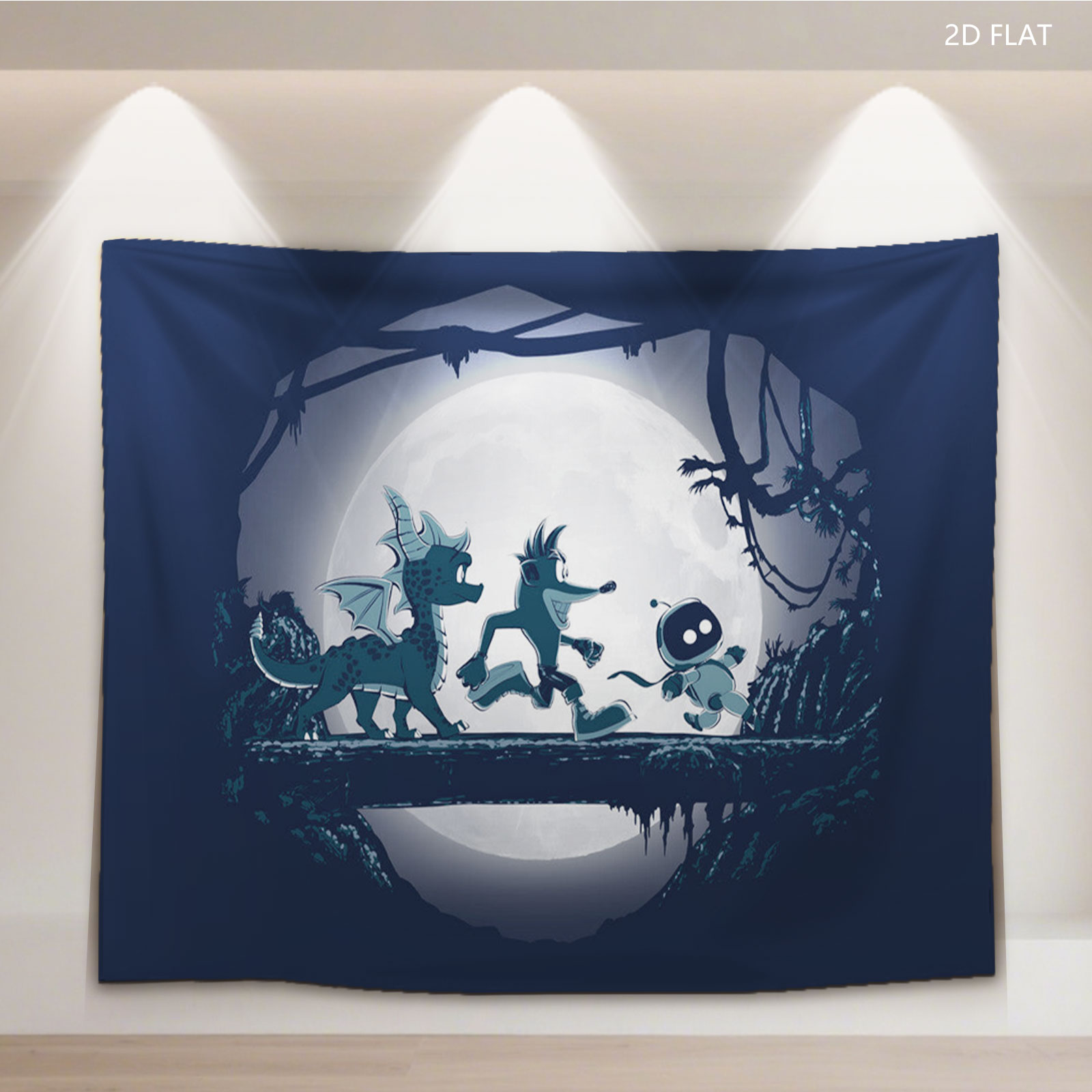 Night Run: Dragon, Wolf, and Robot Under Full Moon - Tapestry