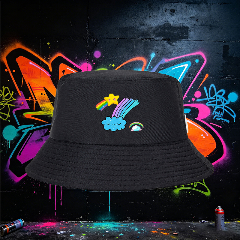 Unisex Fisherman Hat with Rainbow Star and Cloud Print, Classic Cotton Bucket Hat for Outdoor Activities, Perfect for Youth and Adults Seeking Fun and Comfortable Sun Protection