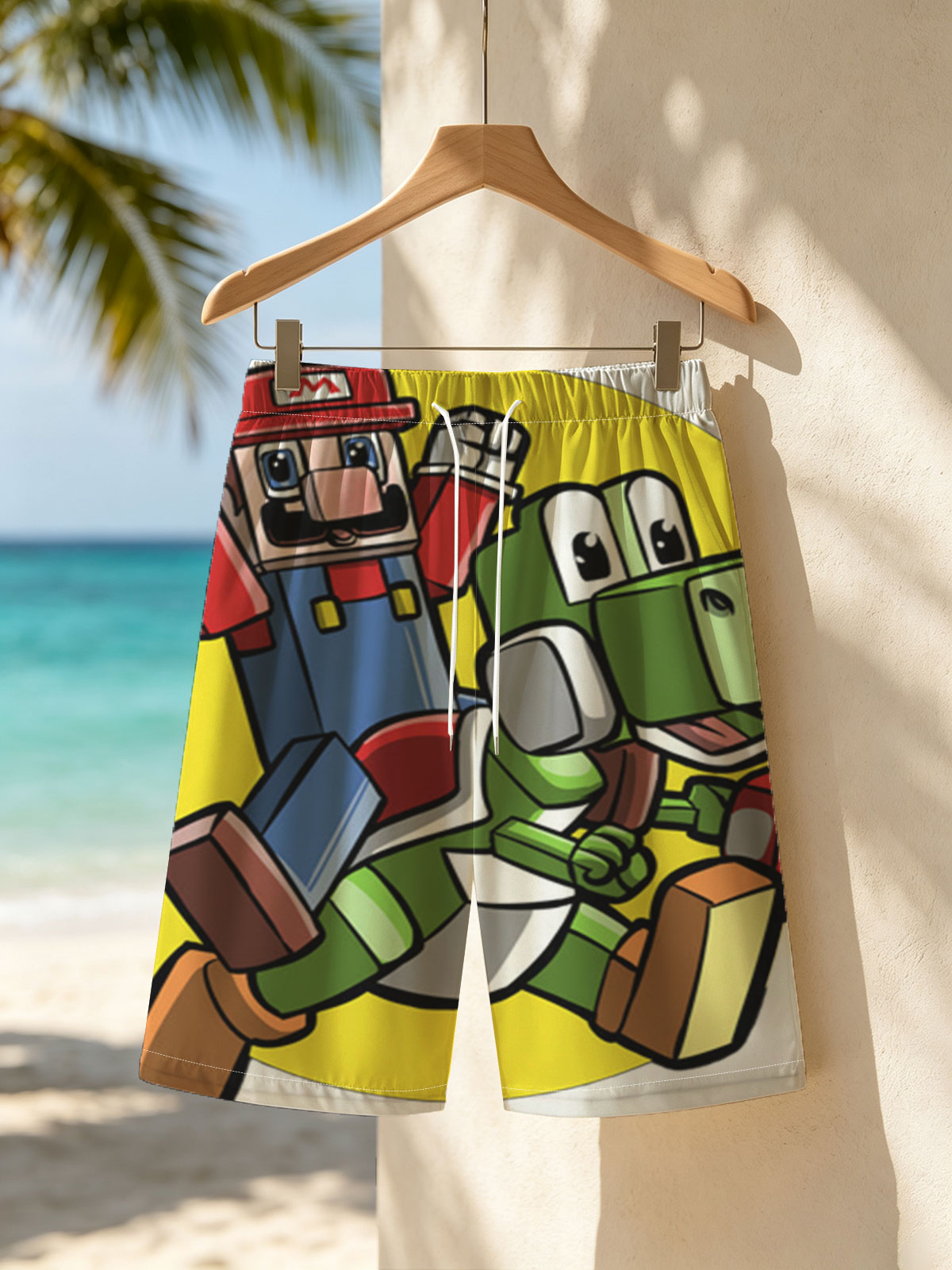 Mario and Yoshi in Action with Toad and Mushrooms -  Beach shorts