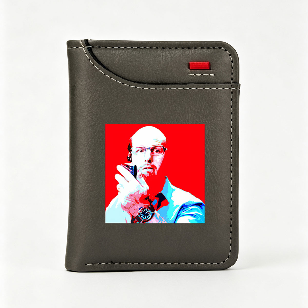 Bald Man with Glasses Holding Phone, Wearing Watch, Red Background - Vertical Style Wallet