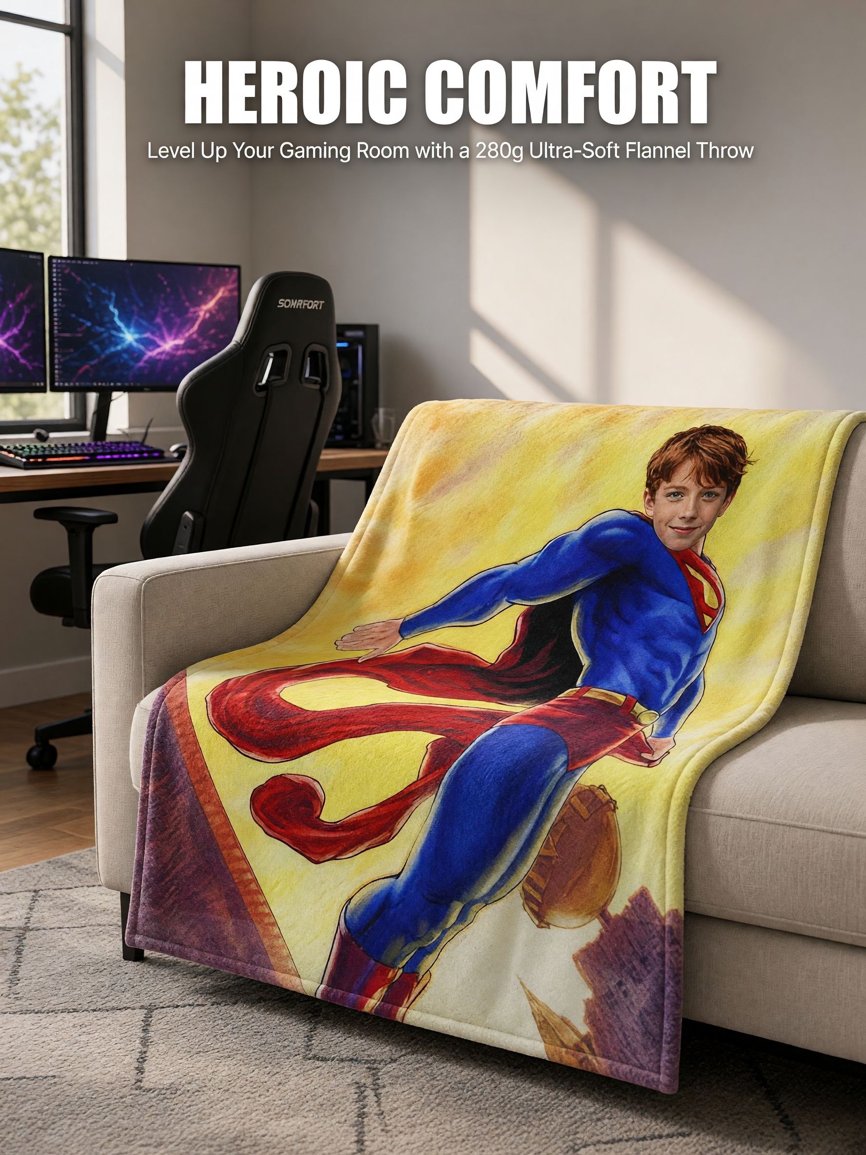 Personalized Superhero Face Photo Blanket, Ultra Soft Warm Flannel Throw, Ideal Cozy Custom Gift for Kids and Adults