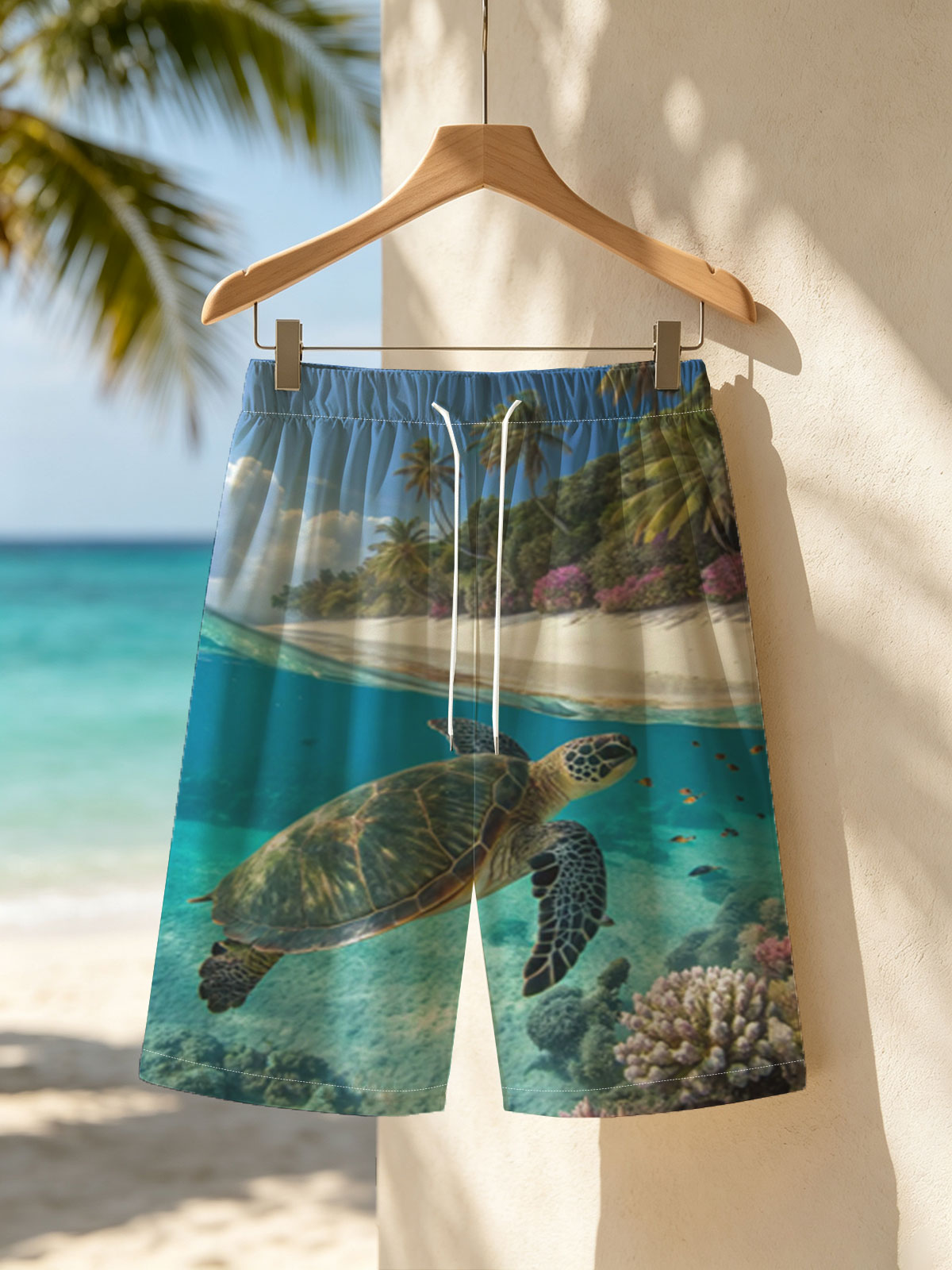 Sea Turtle Swims Near Coral Reef and Tropical Beach -  Beach shorts