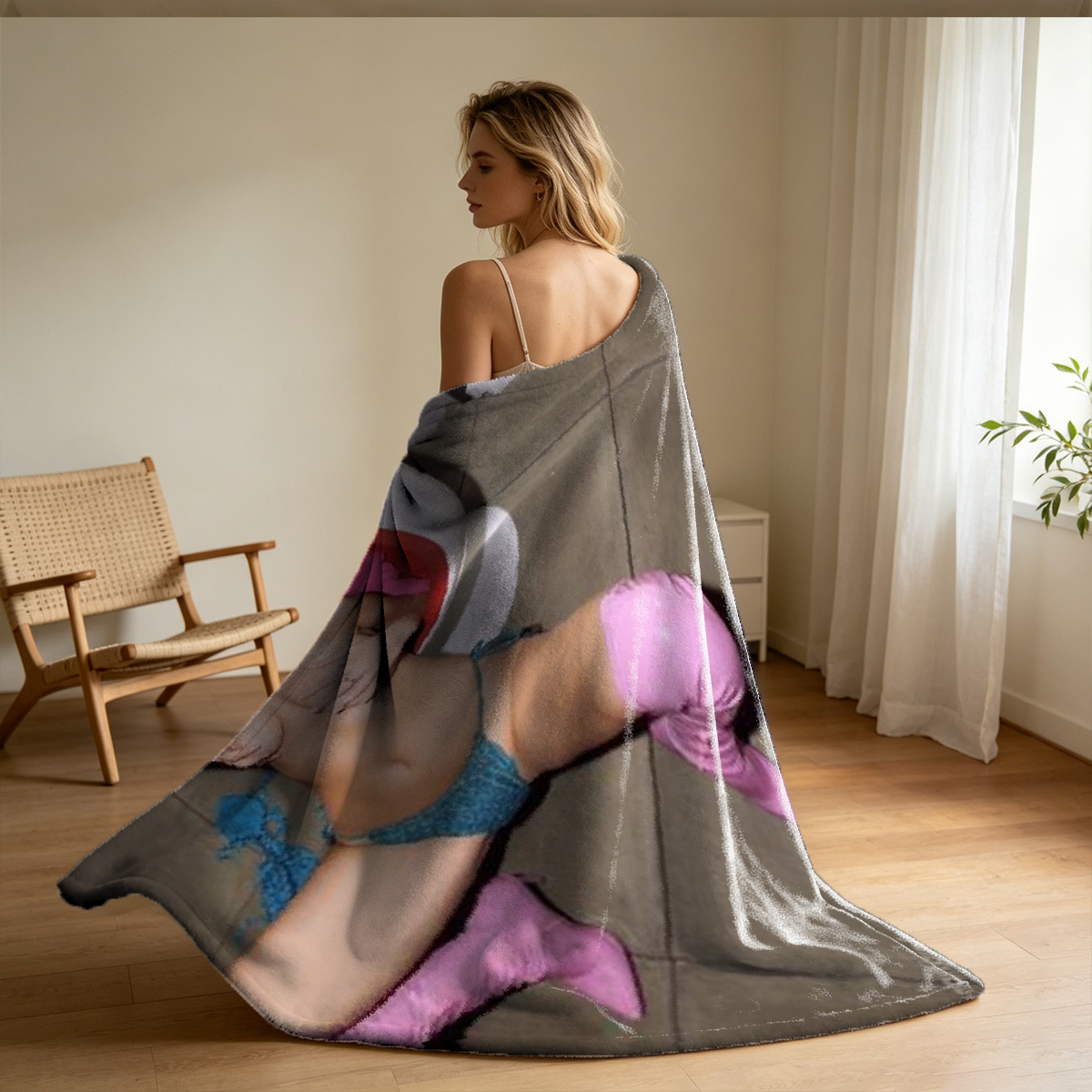 Two redhead and brunette women in lace lingerie embracing intimately - Blanket